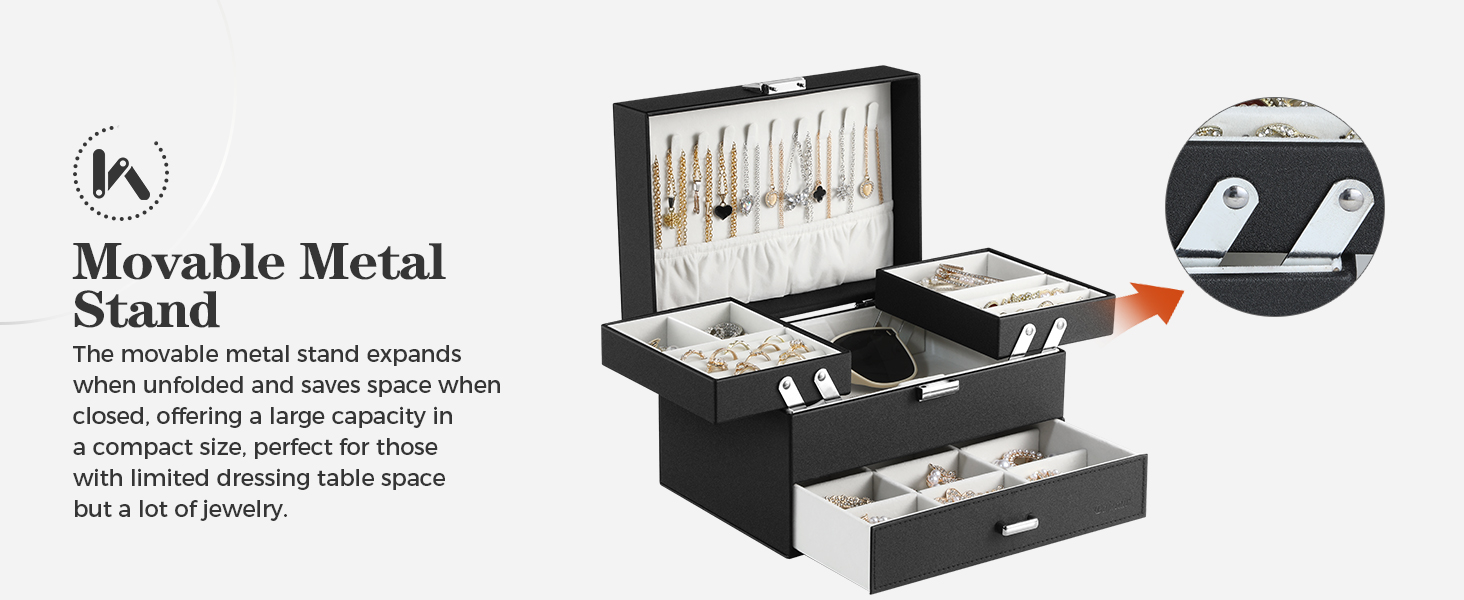 Automatic lifting jewelry box with metal stand, linkage mechanism for easy necklace access