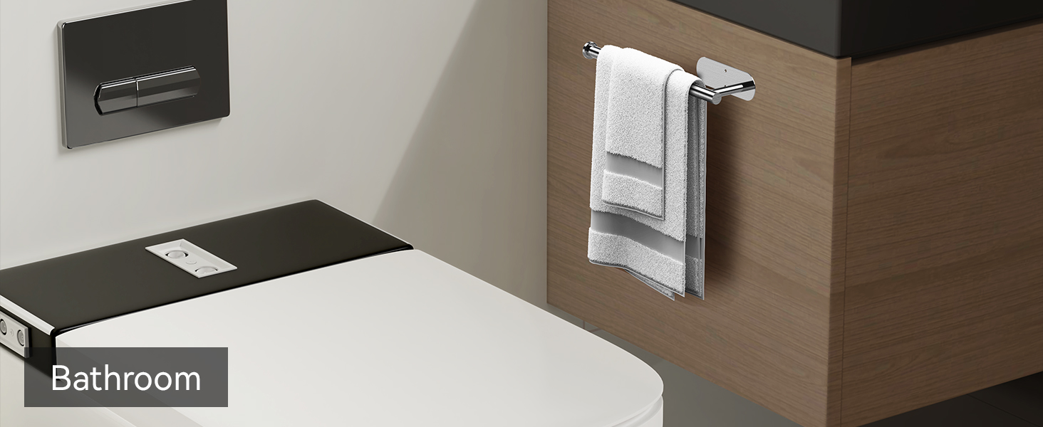 Black wall mounted towel holder on bathroom vanity cabinet for hand towels
