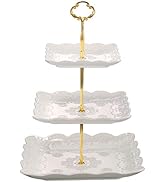 Sumerflos 3 Tier Porcelain Cupcake Stand, Tiered Serving Cake Stand, Square White Embossed Desser...