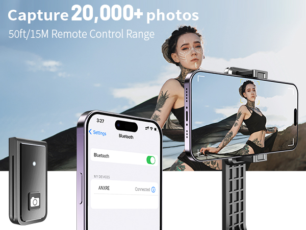Remote control camera device with 50ft/15M range, capturing 20,000+ photos. Shows smartphone interface, remote control, and woman posing on rooftop in multiple views.