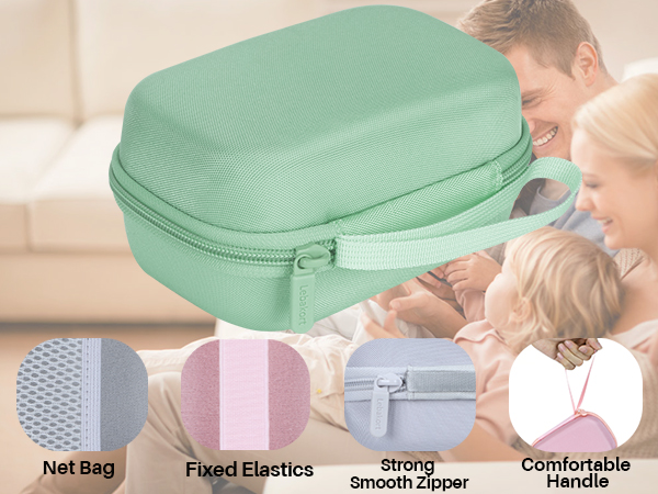 Mint green protective hard case with zipper closure, shown with four feature icons highlighting net bag, elastic bands, zipper, and handle.