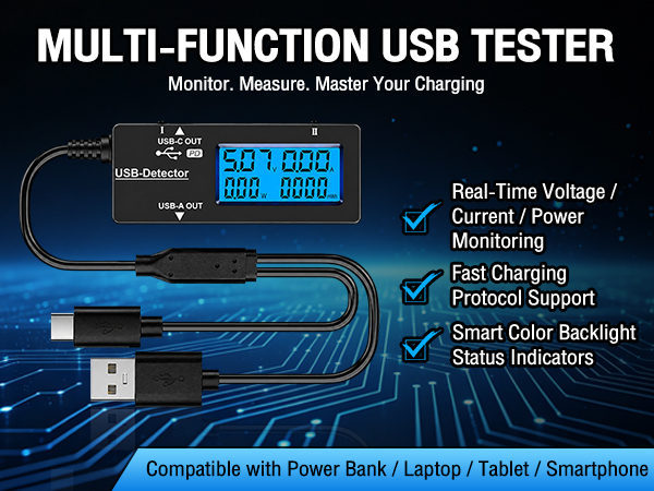 USB Tester USB Power Meter, USB Cable Tester & Voltage Meter with Type-C, DC 0-5A Digital Multimeter