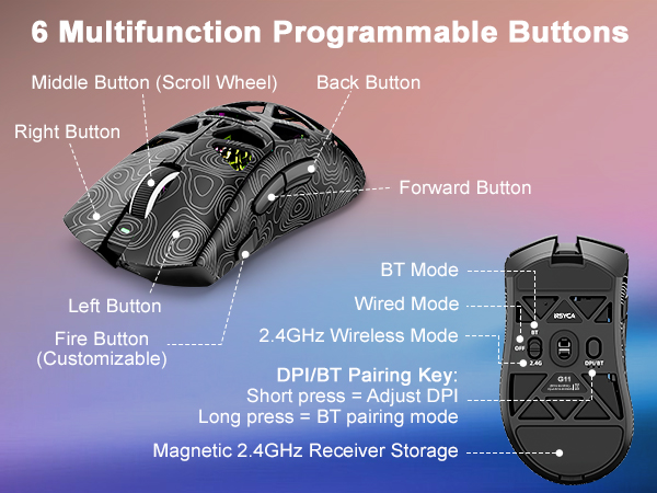 Wireless mouse with 6 programmable buttons for customized macros and faster in-game actions