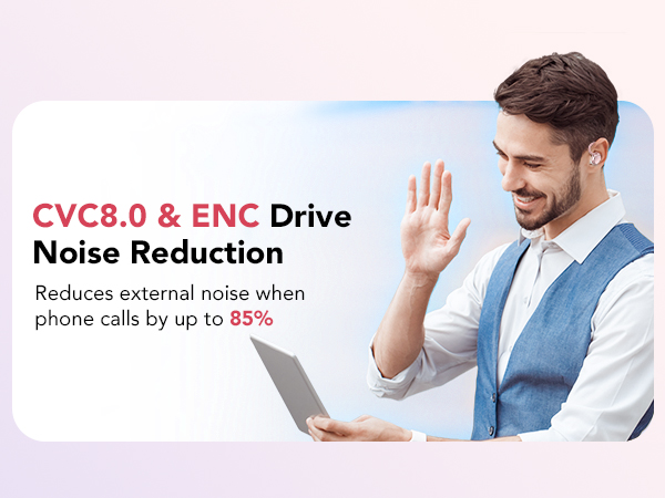 Text reads 'CVC8.0 & ENC Drive Noise Reduction' and 'Reduces external noise when phone calls by up to 85%'. Shows sequence of people using phone in office setting.