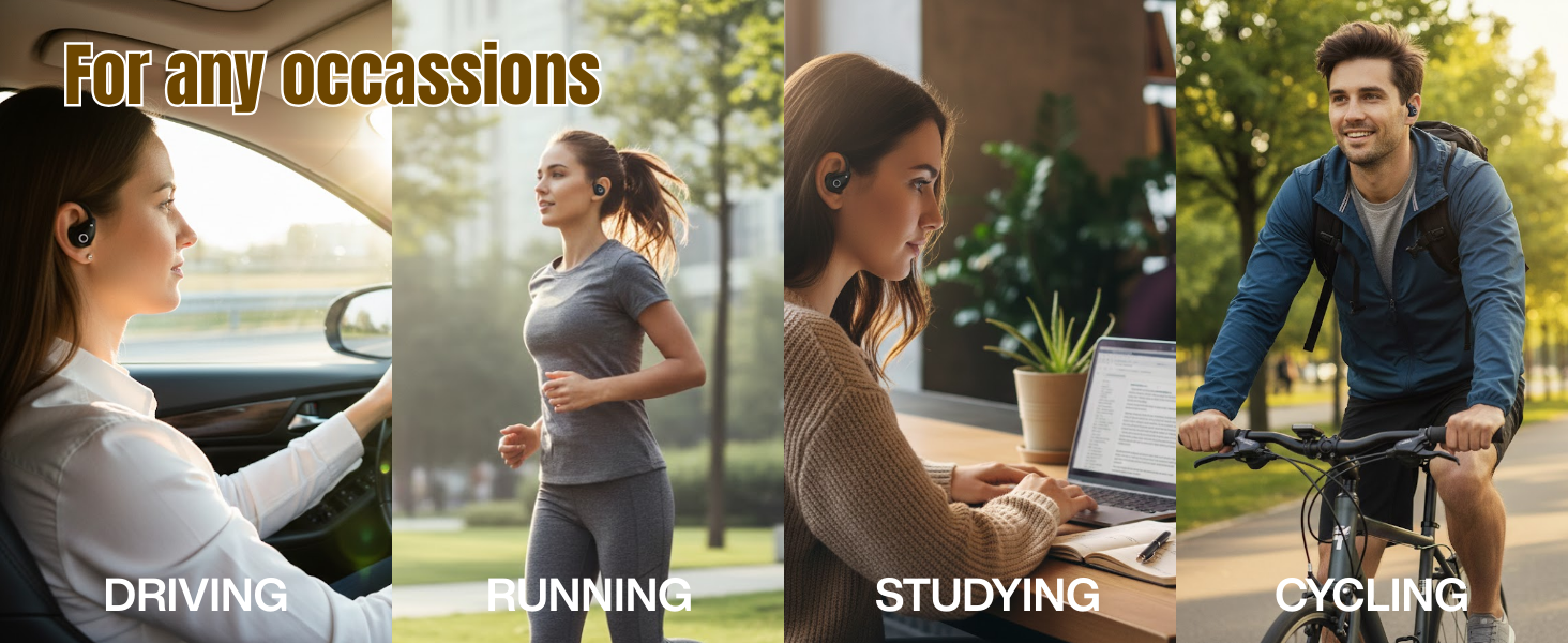 People wearing open ear earbuds while driving, running, studying, and cycling