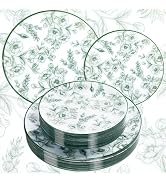Joyido 60PCS Green Floral Plastic Plates - Elegant Floral Disposable Plates - Heavy Duty Decorati...