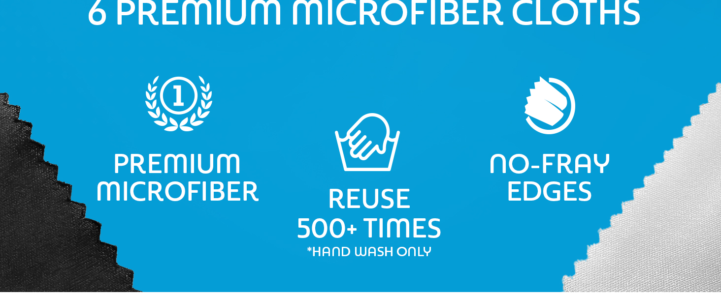 Premium Microfiber Cloths. Reuse 500 times. Non-Fray Edges