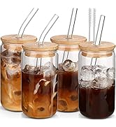 DWTS DANWEITESI Glass Cups with Lids and Straws 4 pcs,16oz Drinking Glasses Set for Coffee Bar Ac...