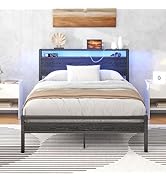 HOJINLINERO Full Size Bed Frame with Storage Headboard/LED Lights, Metal Bed Frame with Charging ...