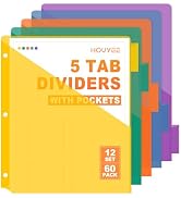 HOUYEE Plastic 5-Tab Binder Dividers with Pockets-12 Set, 60PCS Multicolor Binder Pocket Dividers...