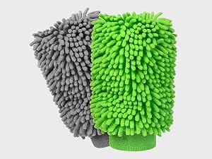 Microfiber cleaning mitts shown in two colors - gray and bright green, featuring dense chenille-style fingers for cleaning surfaces.