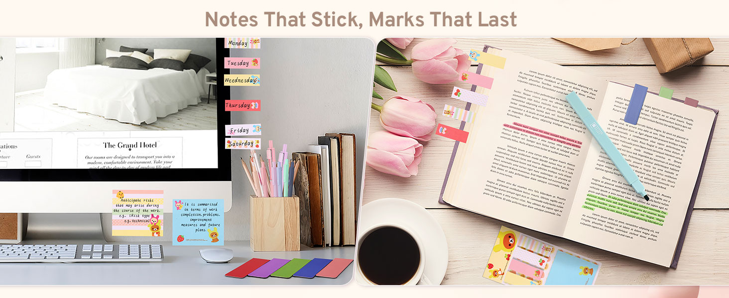 Collage of office and study supplies including sticky notes, pens, books, a laptop, coffee cup, and an open notebook with colorful highlighter marks and page flags.