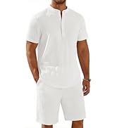 COOFANDY Men's 2 Piece Summer Beach Outfits, Textured Casual Henley Shirt and Shorts Set