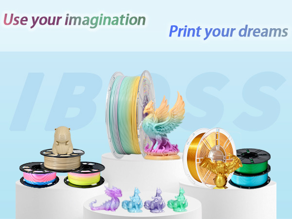 Text reads 'Use your imagination' and 'Print your dreams'. Series of 3D printing-related images showing colorful filament spools and printed objects in various pastel colors.