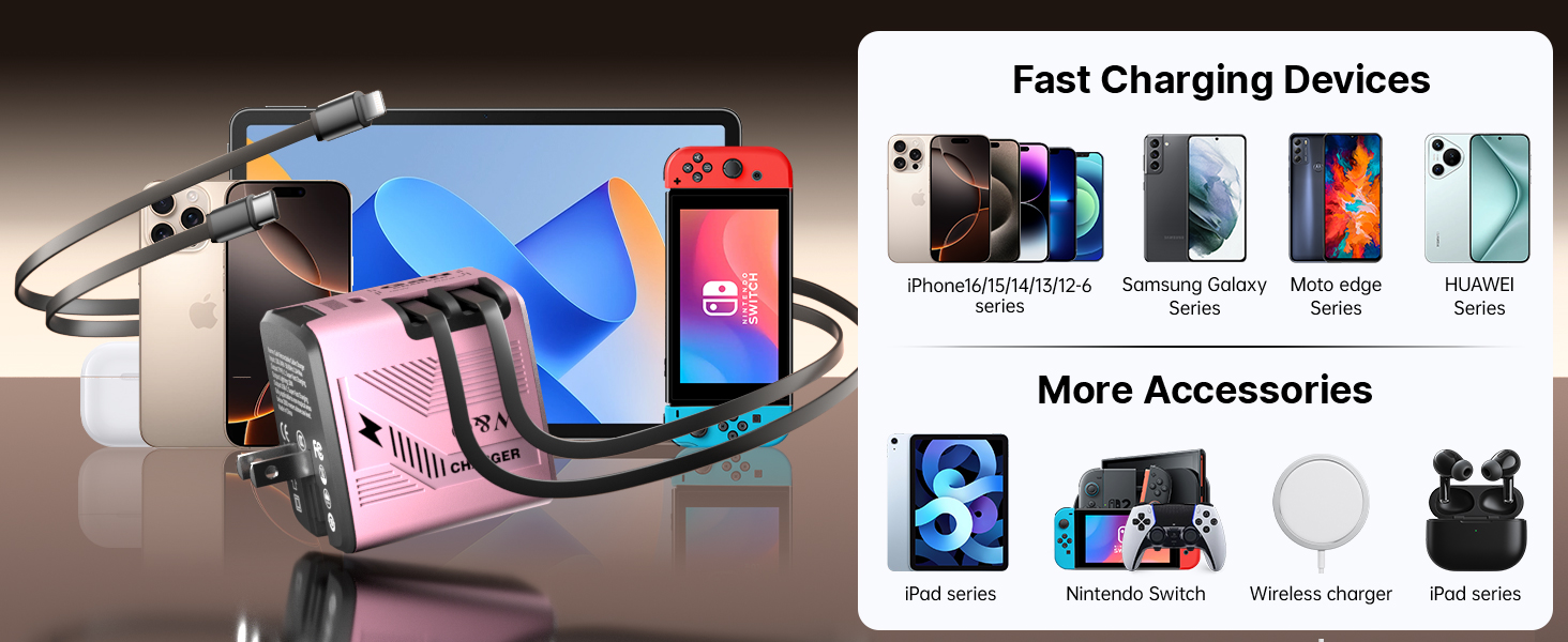 Charger compatible with Apple, Samsung, earbuds, PSP, and tablets