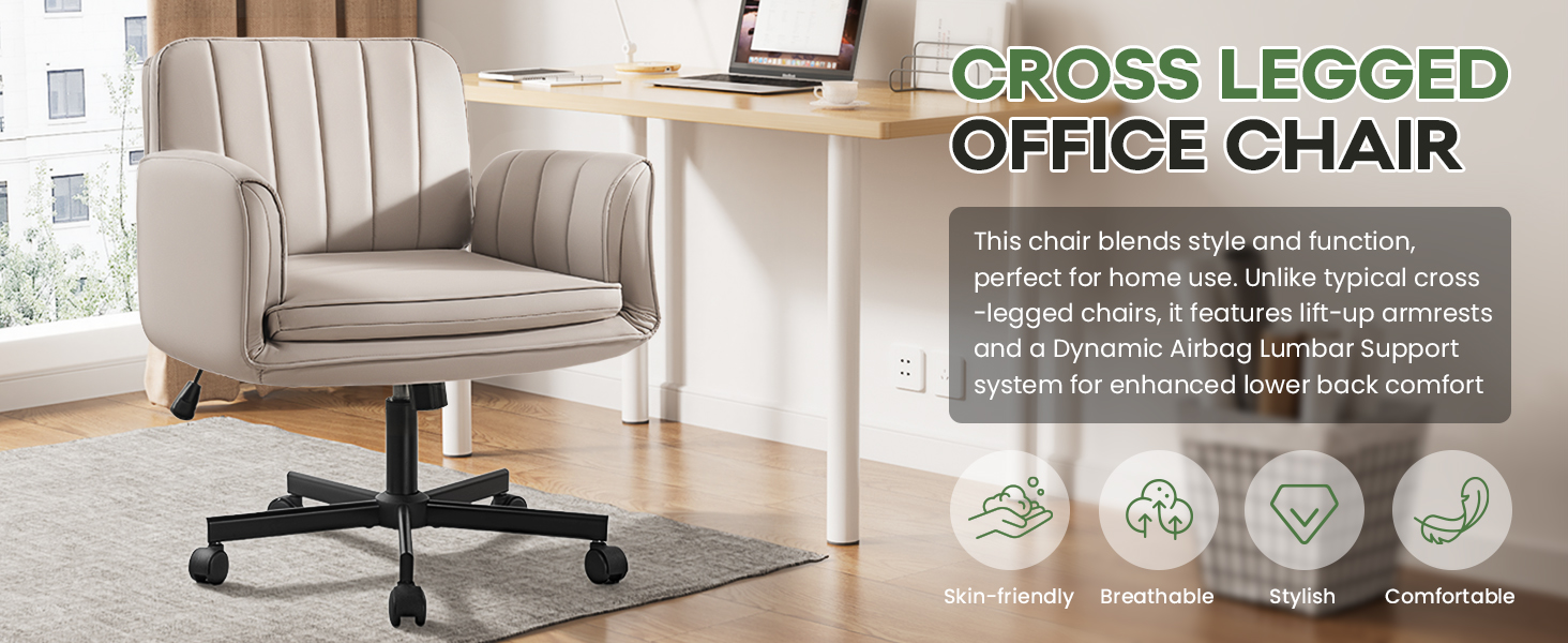 Criss Cross Chair with Wheels & Armrests, Criss Cross Office Swivel Chair, PU Leather Vanity Chair