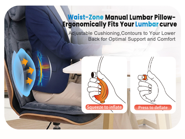 Waist-Zone Manual Lumbar Pillow-Ergonomically Fits Your Lumbar curve Adjustable Lower Back