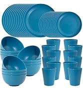 LIYH 48pcs Blue Wheat Straw Dinnerware, Plates and Bowls Set, Camping Dish Set for 12, Plastic Di...