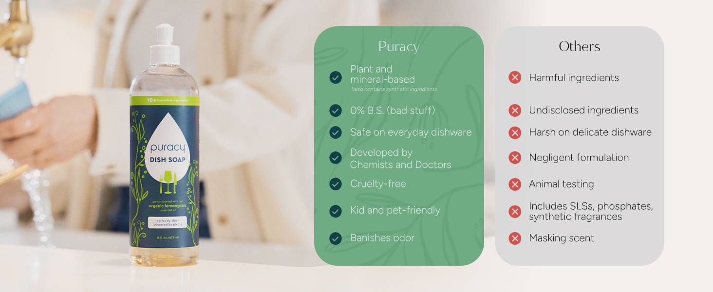 Puracy dish soap vs others. Cruelty free, no masking scents, and safe for sensitive skin.