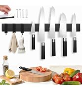 Magnetic Knife Holder for Wall with 3 Hooks, No Drilling Magnetic Knife Strip Adhesive Knife Hold...