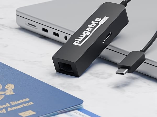 Plugable USB C 2.5Gbps ethernet adapter with pass through charging on laptop