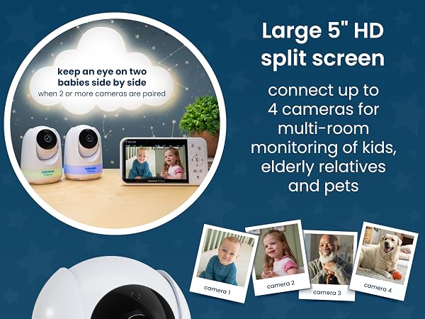 Babysense Prisma Video Baby Monitor, 5" HD Display, 4 cameras, multi-room, kids, elderly, pets