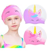 2 pcs Kids Swim Cap Silicone Swimming Cap for Boys Girls (Age 3-12) Cover Ears Waterproof Bathing...
