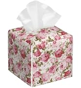 Vintage Rose Flowers Leaves Tissue Box Cover Square,Pink Floral Plants Tissue Box Holder Waterpro...