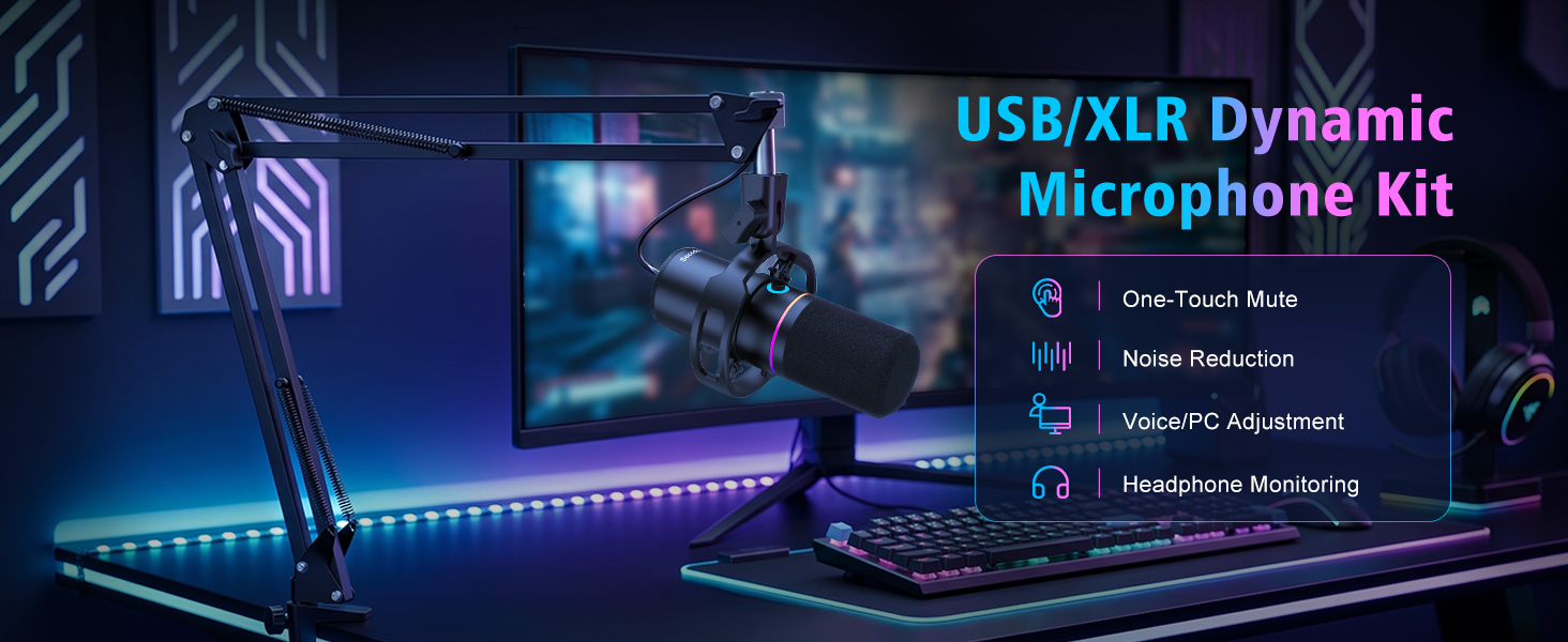 XLR/USB Gaming Microphone with Boom Arm