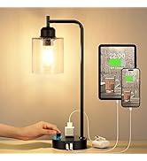Industrial Bedside Table Lamp for Bedroom - Nightstand Lamps with USB C Charging Port, Fully Dimm...