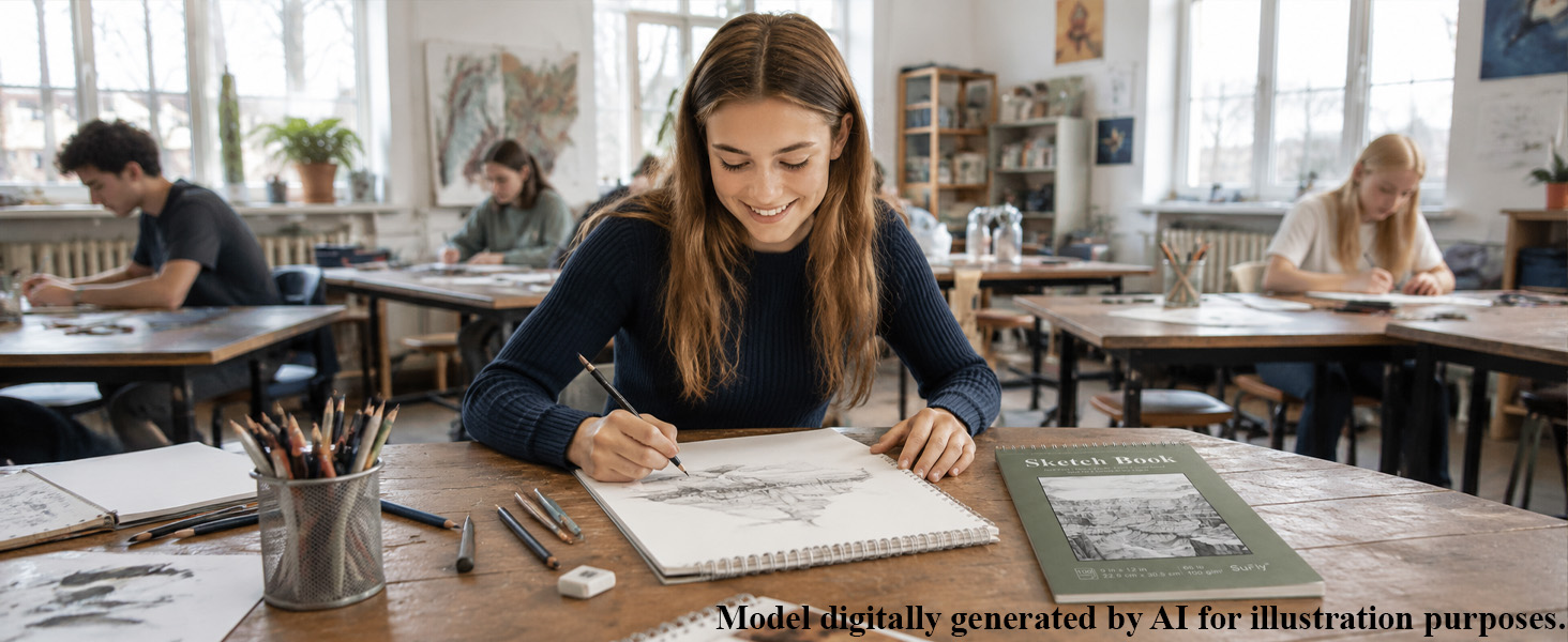 A student uses a SuFly top spiral sketchbook for pencil drawing during an art class.