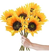 Ruidazon 6 Pcs Artificial Silk Sunflowers, 18” Fake Faux Sunflower Bulk Artificial Flowers Bouque...