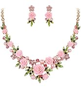 EVER FAITH Women's Austrian Crystal Simulated Pearl Rose Flower Leaf Necklace Pierced Earrings Set