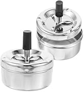 OSALADI Metal Lid Ashtray Push with Spinning Tray, round Silver Metal Ashtray 3.93x3.52 Inches, S...