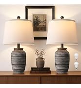 QiMH Farmhouse Lamps for Living Room, 21" Bedside Lamps Set of 2 with Linen Lampshade, Rustic Cer...