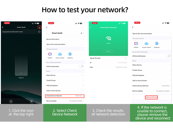 Step-by-step mobile app interface tutorial showing network testing process with four screens demonstrating how to check device network connectivity.