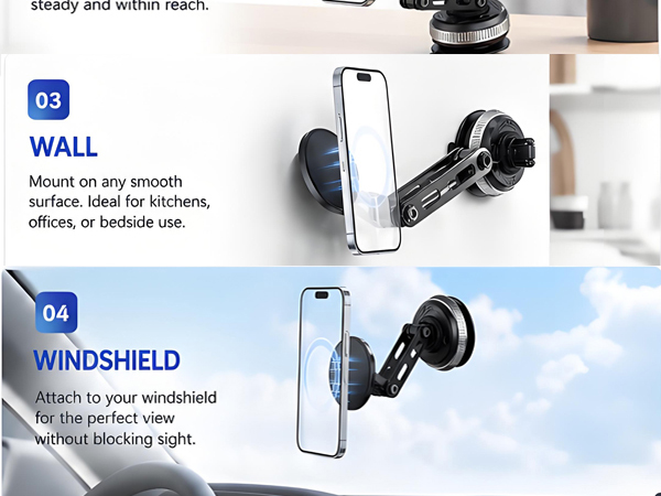 Multi functional, can be used on desktops, windshields, walls, center consoles, etc