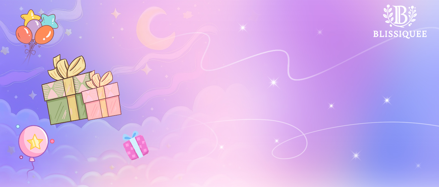 Illustrated background with pastel purple and blue gradient, featuring decorative elements like gift boxes, balloons, and stars. A crescent moon shape is visible in the upper right.