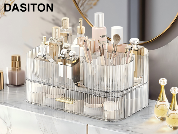 Transparent ribbed acrylic cosmetic organizer with multiple compartments, holding various makeup brushes, bottles, and containers. Brand name 'DASITON' visible at top of image.