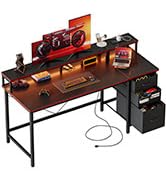 Mericonia Computer Desk 63 inch with Power Outlets & LED Lights, Gaming Desk with 3 Drawers for H...