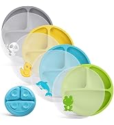 VITEVER 4 Pack Suction Plates with Lids for Baby & Toddler, 100% Food-Grade Silicone, Divided Des...