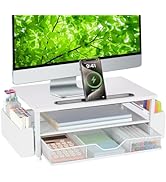 AUPSEN White Monitor Stand Riser, 2-Tier Wood Computer Desk Organizer with Drawer, Pen Storage & ...