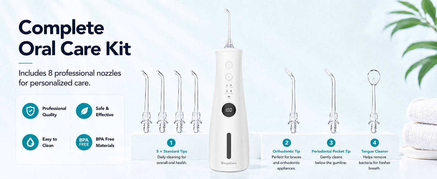 SimpliCare F5039 cordless water flosser with 8 tips for daily oral care