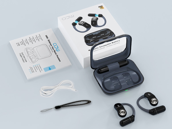 Product showcase of wireless earbuds with charging case, including accessories like charging cable and instruction manual, displayed on light gray background.