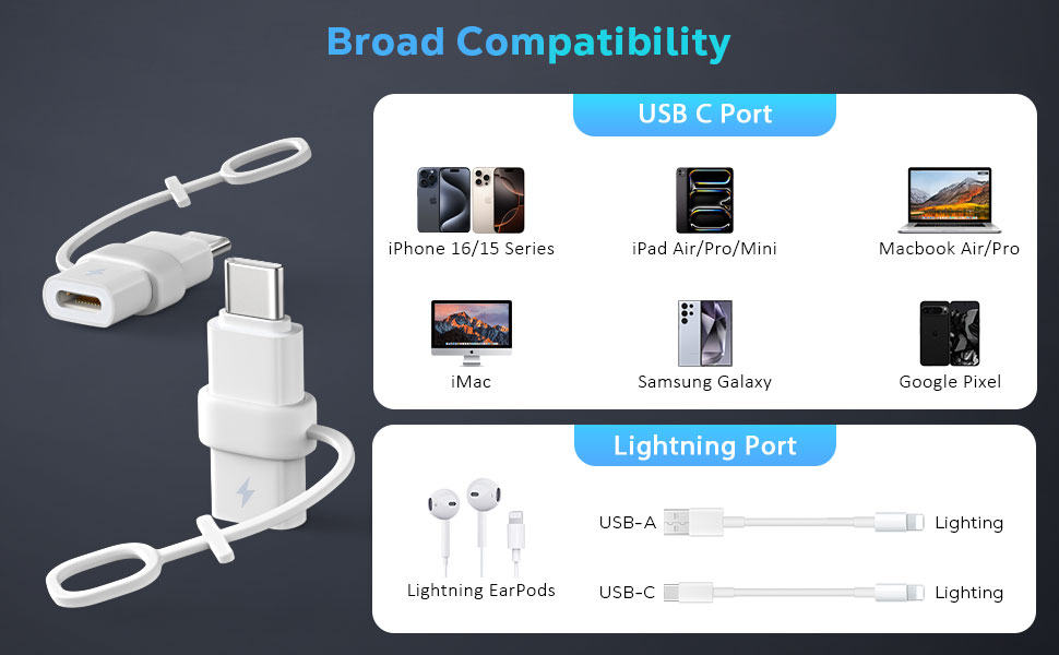 Text reads 'Broad Compatibility' with device icons showing compatibility across phones, tablets, and laptops. Lightning port diagram showing connector specifications.