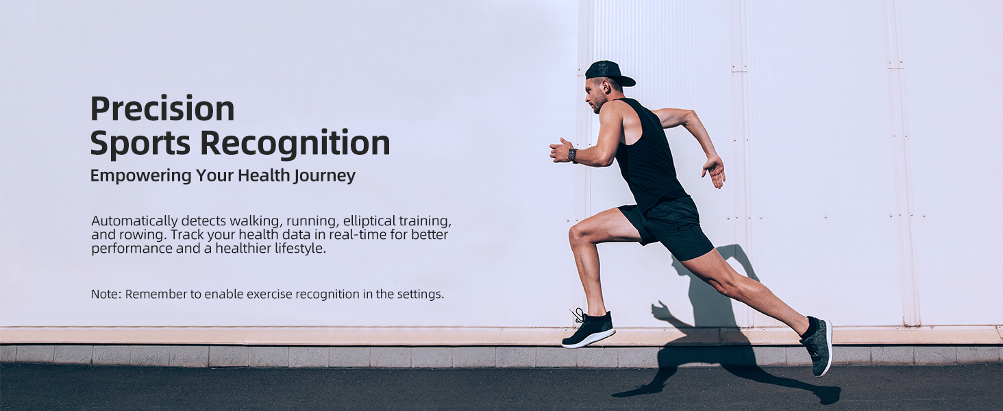 Athletic man in dark sportswear running on a track. Text overlay reads 'Precision Sports Recognition: Empowering Your Health Journey'.