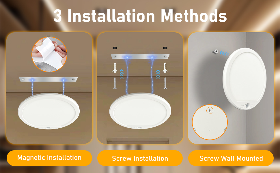 Text reads '3 Installation Methods'. Identical diagram to Image 4 showing circular mounting options with three installation methods.