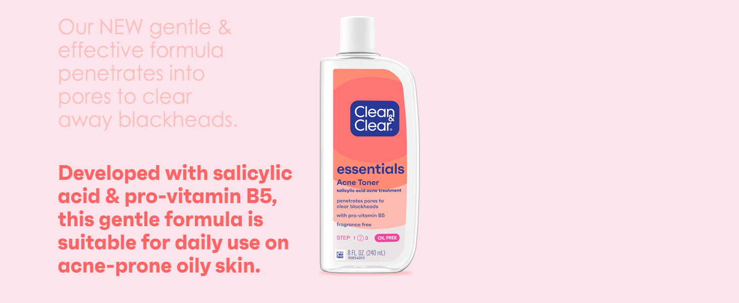 bottle of Clean & Clear Essentials Acne Toner on coral colored background, made with salicylic acid