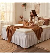 Biscaynebay Wrap Around Bed Skirts with Pompom for King Beds 15" Drop, White Adjustable Elastic D...