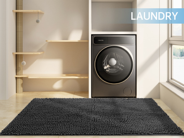 A chenille mat is placed in the laundry room.